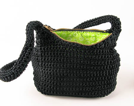 New Black Nylon Crochet Purse with Lime Green Lining