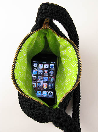 New Black Nylon Crochet Purse with Lime Green Lining