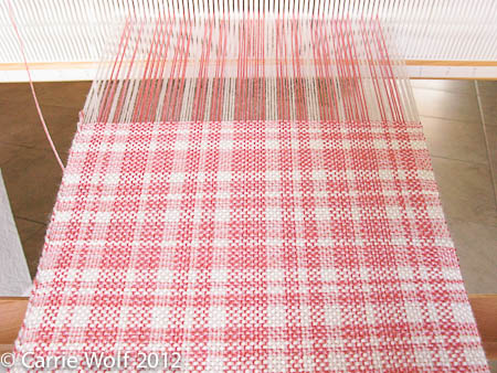 Carrie Wolf - Rigid Heddle Weaving Pattern - Coral Pink and White Plaid Scarf